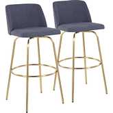 Toriano 30" Swivel Bar Stool in Blue Fabric & Gold with Round Footrest (Set of 2)